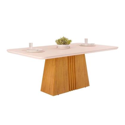 Imagem de Conjunto: Mesa de Cozinha Itália Tampo Madeirado c/ Vidro Curvo 170x90cm e 6 Cadeiras Ondina Cedro/Off White - Suede Lunar - DJ Móveis