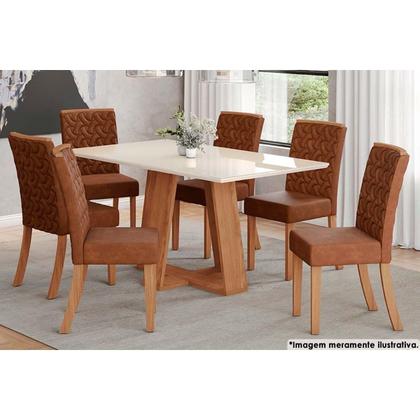 Imagem de Conjunto: Mesa de Cozinha Lins c/ Tampo Madeirado c/ Vidro 160x90cm e 6 Cadeiras Esther Nature/Linho Creme - Henn