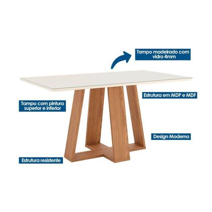 Imagem de Conjunto: Mesa de Cozinha Lins c/ Tampo Madeirado c/ Vidro 160x90cm e 6 Cadeiras Esther Nature/Linho Creme - Henn