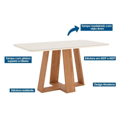 Imagem de Conjunto: Mesa de Cozinha Lins c/ Tampo Madeirado c/ Vidro Curvo 160x90cm e 6 Cadeiras Malu Nature/Suede Light Marrom Amendoa - Henn