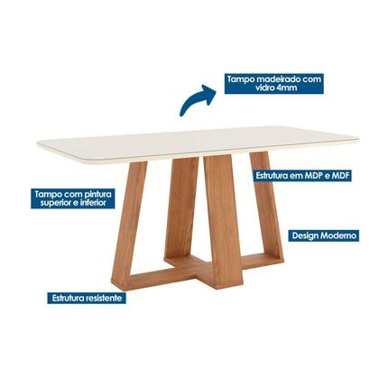 Imagem de Conjunto: Mesa de Cozinha Lins c/ Tampo Madeirado c/ Vidro Curvo 180x90cm e 6 Cadeiras Esther Nature/Linho Creme - Henn