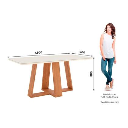 Imagem de Conjunto: Mesa de Cozinha Lins c/ Tampo Madeirado c/ Vidro Curvo 180x90cm e 6 Cadeiras Esther Nature/Linho Creme - Henn