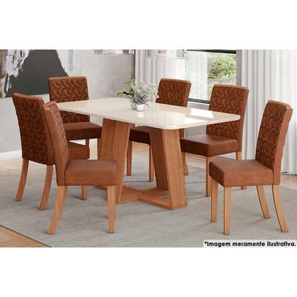 Imagem de Conjunto: Mesa de Cozinha Lins c/ Tampo Madeirado c/ Vidro Curvo 180x90cm e 6 Cadeiras Esther Nature/Linho Creme - Henn