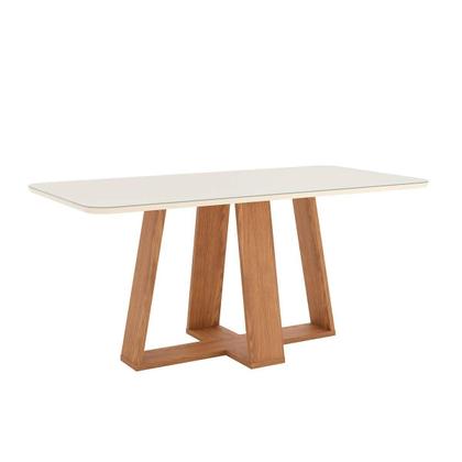 Imagem de Conjunto: Mesa de Cozinha Lins c/ Tampo Madeirado c/ Vidro Curvo 180x90cm e 6 Cadeiras Esther Nature/Linho Creme - Henn