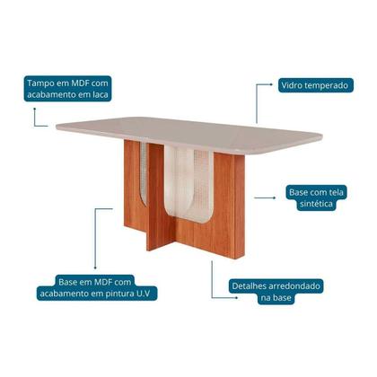 Imagem de Conjunto: Mesa de Cozinha Louise Tampo Madeirado c/ Vidro 160x80cm e 6 Cadeiras Fernanda Cinamomo/Off White - Nature-Madeirado/Suede Nu - Cimol