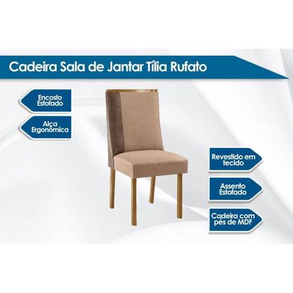 Imagem de Conjunto: Mesa de Cozinha Pietá c/ Tampo Madeirado c/ Vidro Canto Curvo 120x80cm e 4 Cadeiras Tilia Naturale/Off White - Linho Capuccino - Rufato