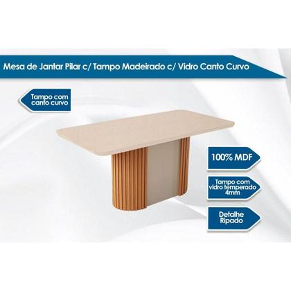 Imagem de Conjunto: Mesa de Cozinha Pilar c/ Tampo Madeirado c/ Vidro Canto Curvo 180x90cm e 6 Cadeiras Jaspe Naturale/Off White - Suede Capuccino - Rufato