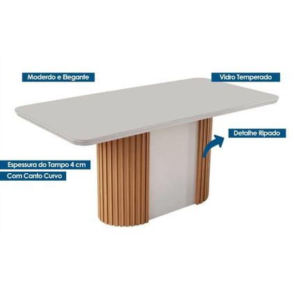 Imagem de Conjunto: Mesa de Cozinha Pilar c/ Tampo Madeirado c/ Vidro Canto Curvo 180x90cm e 6 Cadeiras Jaspe Naturale/Off White - Suede Capuccino - Rufato