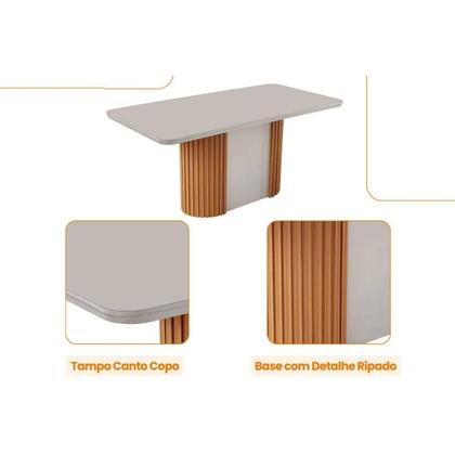 Imagem de Conjunto: Mesa de Cozinha Pilar c/ Tampo Madeirado c/ Vidro Canto Curvo 180x90cm e 6 Cadeiras Jaspe Naturale/Off White - Suede Capuccino - Rufato