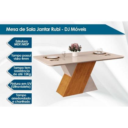 Imagem de Conjunto: Mesa de Cozinha Rubi c/ Tampo Madeirado c/ Vidro 170x90cm e 6 Cadeiras Jade Freijo/Off White/Off White - Suede Kraft - DJ Móveis