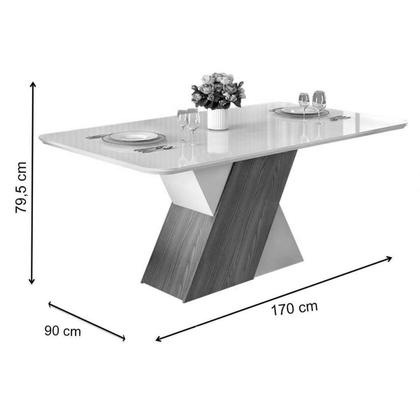 Imagem de Conjunto: Mesa de Cozinha Rubi c/ Tampo Madeirado c/ Vidro 170x90cm e 6 Cadeiras Jade Freijo/Off White/Off White - Suede Kraft - DJ Móveis