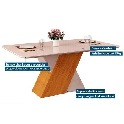 Imagem de Conjunto: Mesa de Cozinha Rubi c/ Tampo Madeirado c/ Vidro 170x90cm e 6 Cadeiras Jade Freijo/Off White/Off White - Suede Kraft - DJ Móveis
