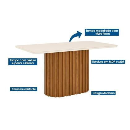 Imagem de Conjunto: Mesa de Cozinha Solana SC68 Tampo Madeirado c/ Vidro Canto Curvo 160x90cm e 6 Cadeiras Milla Nature/Suede Light Marrom Amêndoa - Henn