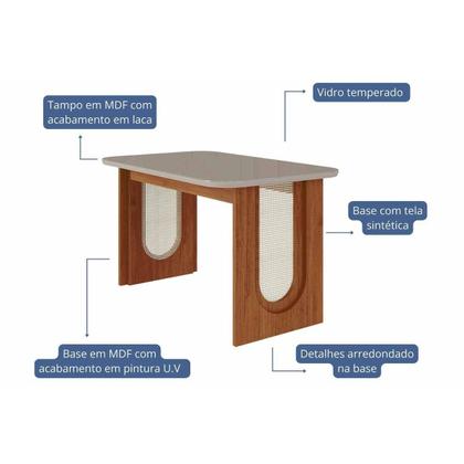 Imagem de Conjunto: Mesa de Cozinha Valentina Tampo Madeirado c/ Vidro 130x80cm e 4 Cadeiras Clarice Cinamomo/Off White - Carvalho/Suede Joli Capuccino - Cimol