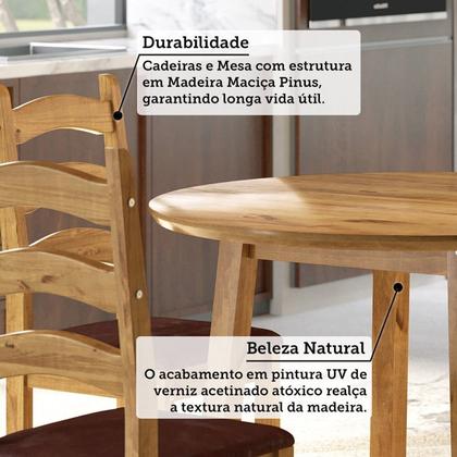 Imagem de Conjunto Mesa de Jantar 103cm Redonda e 4 Cadeiras Estofadas 100% Madeira Maciça Parit Espresso Móveis