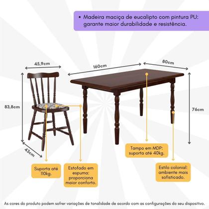Imagem de Conjunto Mesa de Jantar 160cm com 6 Cadeiras Estofadas Multimóveis CR50086