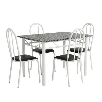 Imagem de Conjunto Mesa de Jantar 4 Lugares Retangular em Aço com Tampo em Granito Monique Mescla Branco/Preto