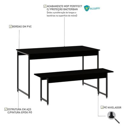 Imagem de Conjunto Mesa de Jantar com 1 Banco Estilo Industrial Active Yescasa Preto/Ônix