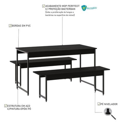 Imagem de Conjunto Mesa de Jantar com 2 Bancos Estilo Industrial Active Yescasa Preto/Ônix