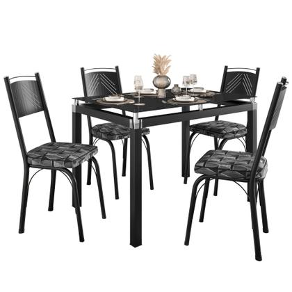 Imagem de Conjunto Mesa de Jantar com 4 Cadeiras 151 Malva Tampo Vidro 107cm SF Preto Assento Mosaico Silver - Combo Stock