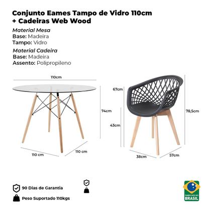Imagem de Conjunto Mesa de Jantar Eames Redonda Tampo de Vidro 110cm com 5 Cadeiras Web Wood