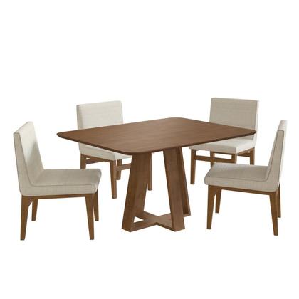 Imagem de Conjunto Mesa de Jantar em Madeira Frame 120x80cm com 4 Cadeiras Tec Algodão Bege Nogueira