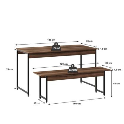 Imagem de Conjunto Mesa de Jantar Industrial com 1 Banco - Nogal/Preto