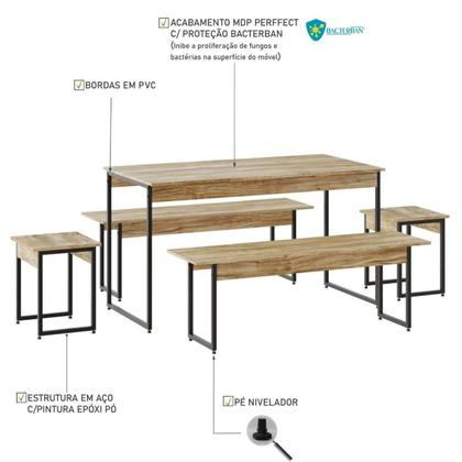 Imagem de Conjunto Mesa de Jantar Industrial com 2 Bancos/2 Banquetas - Carvalho/Preto