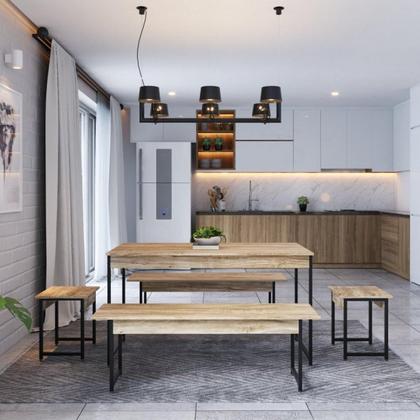 Imagem de Conjunto Mesa de Jantar Industrial com 2 Bancos/2 Banquetas - Carvalho/Preto