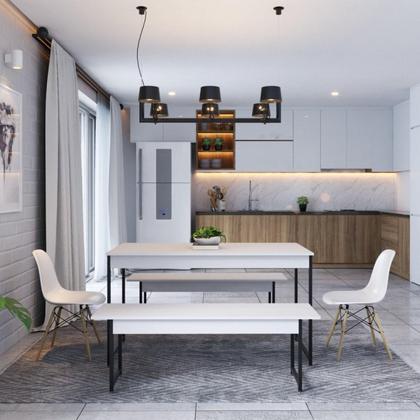 Imagem de Conjunto Mesa de Jantar Industrial com 2 Bancos - Branco/Preto