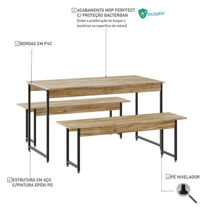 Imagem de Conjunto Mesa de Jantar Industrial com 2 Bancos - Carvalho/Preto
