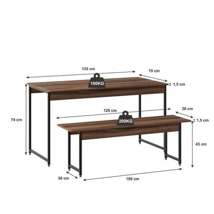 Imagem de Conjunto Mesa de Jantar Industrial com 2 Bancos - Nogal/Preto
