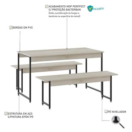 Imagem de Conjunto Mesa de Jantar Industrial com 2 Bancos - Snow/Preto