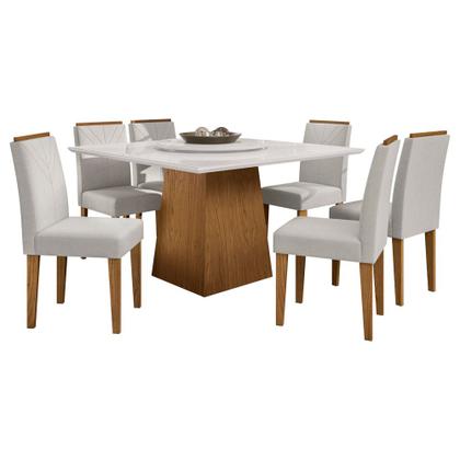 Imagem de Conjunto Mesa de Jantar Jasmin 1,35m Tampo de Madeira com Vidro Colado com Tampo Giratório 6 Cadeiras Amanda Ypê Offwhite WD22 New Ceval