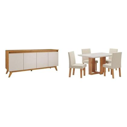 Imagem de Conjunto Mesa de Jantar Retangular 120x90 Ville com 4 Cadeiras Venus e Buffet 4 Portas Eifel Bege/Mel/Off White