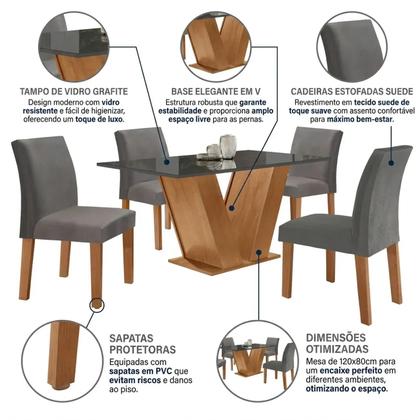 Imagem de Conjunto Mesa de Jantar Tampo MDF/Vidro e 4 Cadeiras Espanha Yescasa