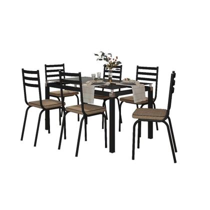 Imagem de Conjunto Mesa de Jantar Tubular com 6 Cadeiras Malva Tampo Vidro Retangular 140cm 118 Preto/Rattan - Movelpolo
