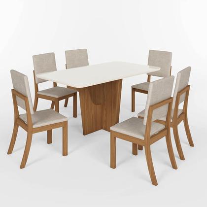 Imagem de Conjunto Mesa de Jantar Vértice com Vidro e 6 Cadeiras Milla Henn - Nature/Off White/Linho
