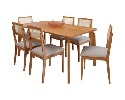Imagem de Conjunto Mesa de Jantar Vitória Madeira Maciça 160x80 Tampo Laminado 6 Cadeiras Guarapari Tela Estofado Linho