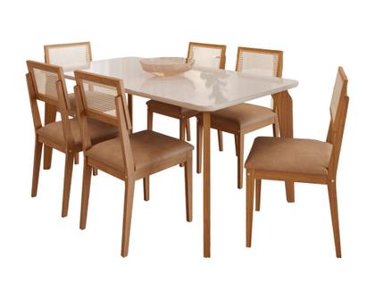 Imagem de Conjunto Mesa de Jantar Vitória Madeira Maciça 160x80 Tampo Vidro 6 Cadeiras Guarapari Tela Estofado em Couro