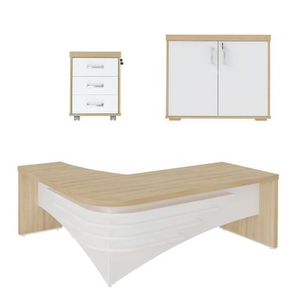Imagem de Conjunto Mesa Diretor LD , Balcão 2 Portas e Gaveteiro Cor Carvalho com Branco