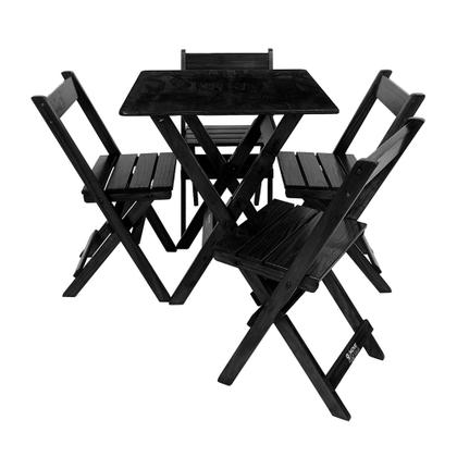 Imagem de Conjunto Mesa Dobrável para Bar e Lanchonetes 60x60cm com 4 Cadeiras em Madeira Maciça - Preto