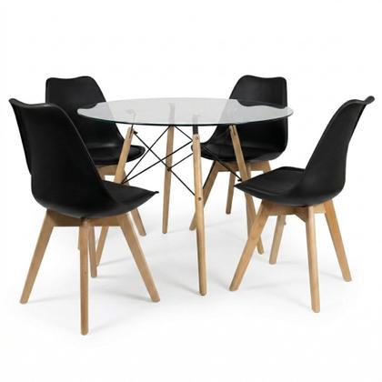 Imagem de Conjunto Mesa Eames Vidro 90cm Redonda e 4 Cadeiras Saarinen Wood Estofadas para Sala de Jantar e Eventos