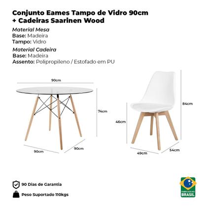 Imagem de Conjunto Mesa Eames Vidro 90cm Redonda e 4 Cadeiras Saarinen Wood Estofadas para Sala de Jantar e Eventos
