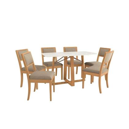 Imagem de Conjunto Mesa Elma Premium Madeira Maciça c/ Tampo Madeirado c/ Vidro 170x90cm e 6 Cadeiras Alice Carvalho/Off White - Linho Bege Argila Kappesberg