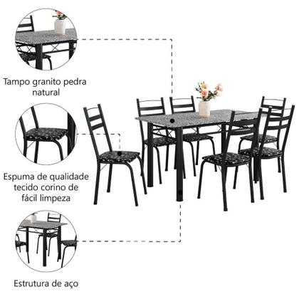 Imagem de Conjunto Mesa Itália 6 Cadeiras 1,40m Preto/Floral Granito