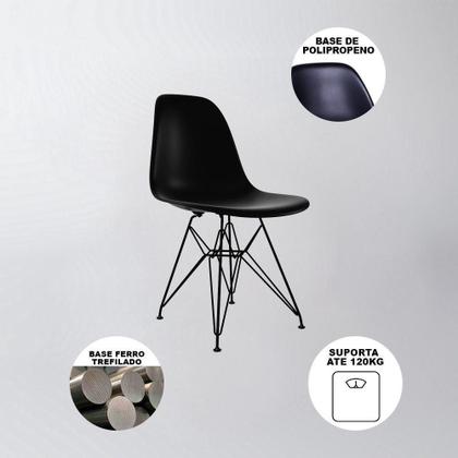 Imagem de Conjunto Mesa Jantar Eames Redonda Branca 110cm Com 4 Cadeira Pretas Base Ferro Preto