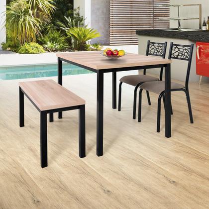 Imagem de Conjunto mesa jogo sala jantar ciplafe flex com 1 banco mega e 2 cadeiras jade tubo preto fosco tampo madeira bp carvalho montreal 1,10m x 0,72m