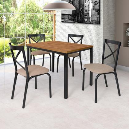Imagem de Conjunto mesa jogo sala jantar ciplafe karina flex 4 cadeiras preto fosco tampo bp amendoa 1,10m assento linho bege