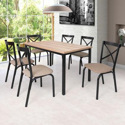 Imagem de Conjunto mesa jogo sala jantar ciplafe karina flex 6 cadeiras tubo preto fosco tampo madeira bp carvalho montreal 1,36m assento linho bege